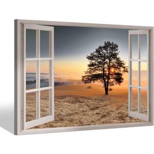Tree Canvas Wall Art Decor: Bedroom Living Room Nature Landscape Window View Picture Modern Foggy Forest Mountain Scene Painting Horizontal Sunset Misty Wilderness Scenic Artwork Print for Home (24"L x 16"W)