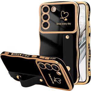 NITITOP Compatible with Samsung Galaxy S23 Plus Case with Kickstand Strap Cute Luxury with Love Heart Plating Pattern Wave Frame Women Girls Men Raised Camera Shockproof Protection Cover-Black