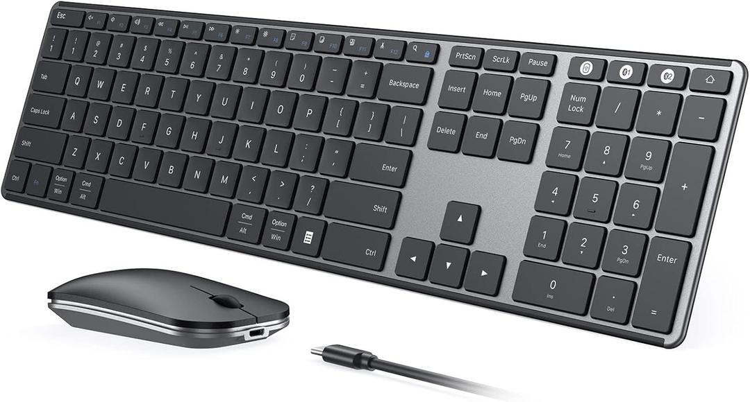 Seenda Wireless Bluetooth Keyboard and Mouse Combo, SKM643 Rechargeable Slim Quiet Keyboard Mouse, 3 MultiDevice Connection, Compatible for Windows, Mac, MacBook, iPad, Tablet, Black Gray