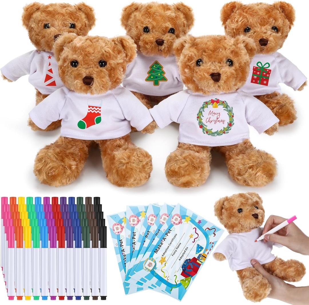 Blueweenly 20 Pcs Make Your Own Valentines Stuffed Bear Kit Including 9.84 Inches Velvet Animal White T Shirt 12 Colors Pens and Card DIY Stuffed Plush Valentine Gift for Crafts(Brown,Bear)