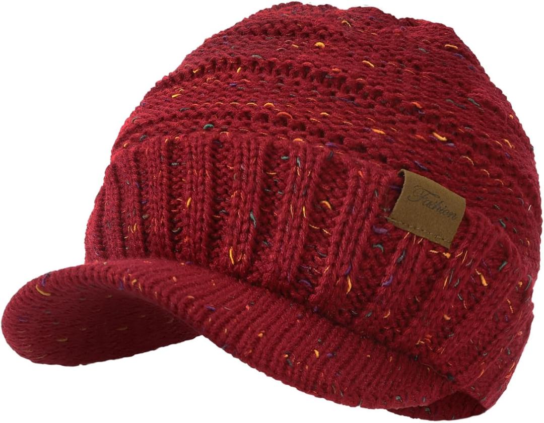 Winter Hats for Women - Thick Warm Stylish Knit Beanie Hat, Soft Stretch Cute Women's Winter Hats with Visor (Dark Red)