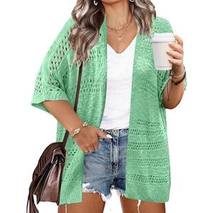 IN'VOLAND Plus Size Lightweight Crochet Cardigan for Women Short Sleeve Summer Kimonos Boho Open Front Knitted Cardigans,Size 6