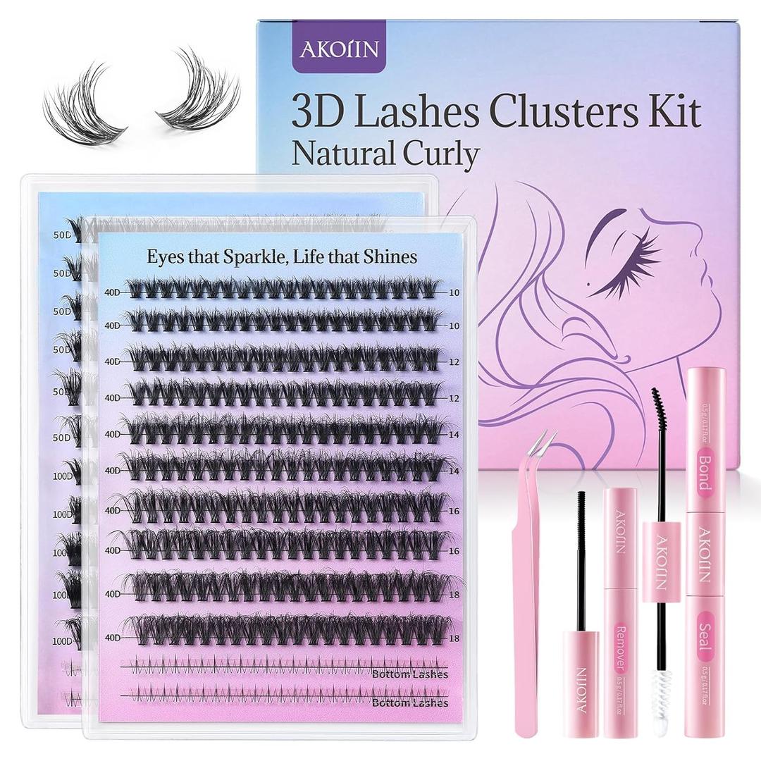 D-Curl Lash Clusters Kit, 480pcs Cluster Eyelash Extensions with Bottom Lashes, 3D Wispy Natural Eyelashes, (40D 50D 100D Mixed, 10-18mm), Includes Bond, Seal, Remover & Tweezer for Beginners
