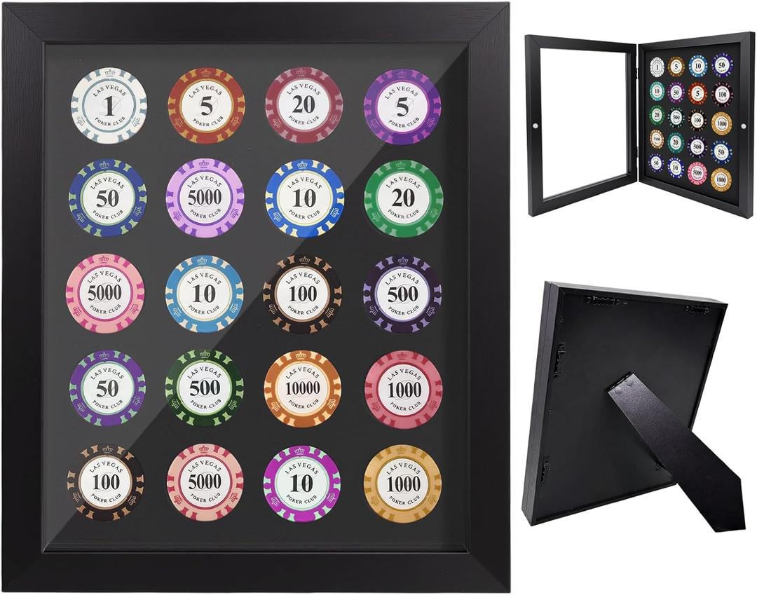 Poker Chip Display Case Frame for 20 Chips, Magnetic Front-Opening Display Case,Wall-Mount Or Tabletop Display with Hinged,Poker Chip Holder for Casino Collector 11.8" X9.8in