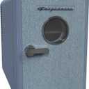 Frigidaire Mini Personal Fridge Cooler, 1 Gal Capacity fits 9 Cans, Includes Plugs for Home Outlet & DC Charger - 9.84" D x 7.09" W x 10.35" H, Light Washed Denim Fabric Door