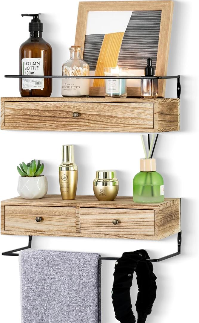 DreamPossible Floating Shelves - Wall Mounted Bathroom Shelf Set of 2 with Drawers, Rustic Wood Shelves for Bedroom, Living Room, Kitchen, Wall Decor, Plants, Books (Brown) (13.8 Inch Long)