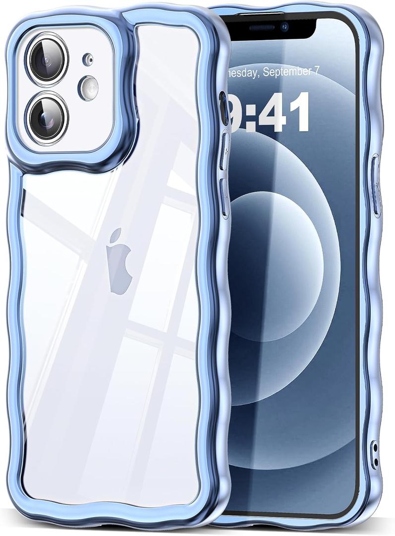SKYLMW Compatible with iPhone 12 Case, Kawaii Cute Curly Wave Frame Luxury Plating Edge, Stylish Glossy Clear Back, Soft TPU Shockproof Protective Cases for iPhone 12, Blue