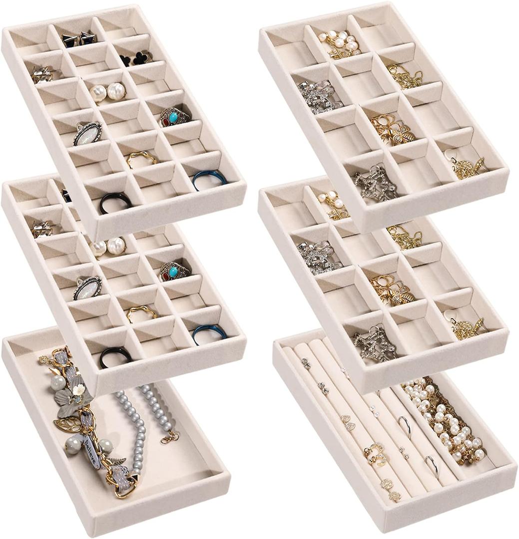 Frebeauty Jewelry Organizer Tray,Stackable Velvet Jewelry Trays,Drawer Inserts Earring Organizer For Women Jewelry Storage Display Case for Rings Stud Necklaces,Set of 6(Beige)