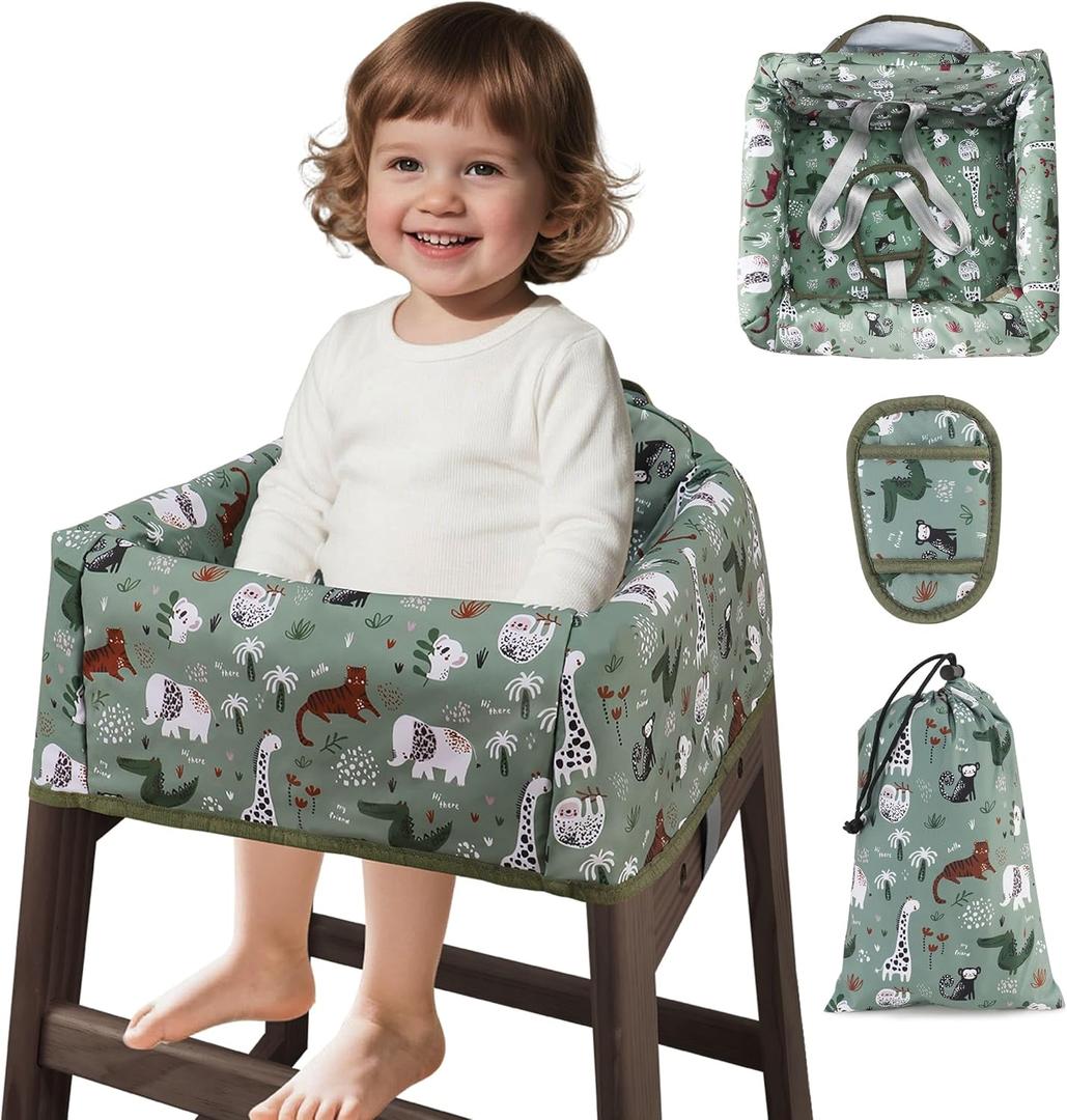 Lunobubo Baby High Chair Cover Restaurant with Strap Pads & 3Point Harness, Machine Washable, Waterproof Portable Highchair Covers for Eating, Travel, Home Use  Fits Wooden Chairs, Green Dinosaurs
