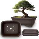MUZHI 2PACK Unglazed 6 Ceramic Bonsai Pot with Humidity Trays, Breathable Handmade Rectangle Bonsai Starter Planter for Bonsai Tree, Juniper,Ficus, Money Tree