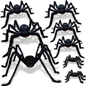 ZMCINER 8 Pcs Large Spiders Halloween Decorations - Outdoor Realistic Scary Hairy Spiders (8 Pcs in Different Sizes)