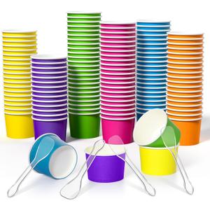 Boao 100 Set 5 oz Ice Cream Cups with Spoons Disposable Paper Sundae Dessert Bowls Summer Party Supplies (Colorful Style)