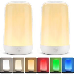 FRIDEKO HOME 2 Pack RGB Touch Bedside Lamp for Nightstand, 3 Color Temperatures Rechargeable Battery Night Light, Dimmable Mood Lighting for Bedroom Living Room Nursery, Breastfeeding, Kids, Adult