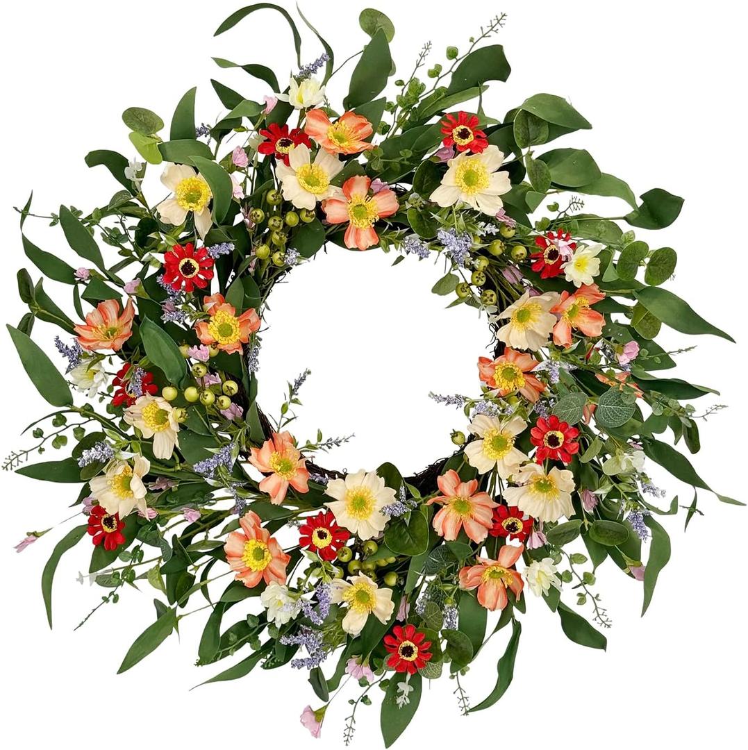 Jobflower Spring Wreath, 24" Daisy and Lavender Wreath,Beautiful Artificial Summer Wreaths for Front Door, Porch, Fireplace, Indoors and Outdoor Home Decoration