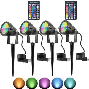 Christmas RGB Spot Lights with Timer, Halloween 10W 120V Color Changing Outdoor Metal Case Landscape SpotLights IP65 Waterproof Spotlight with Stake Stand for Yard Garden Lawn Patio, 4 Lights