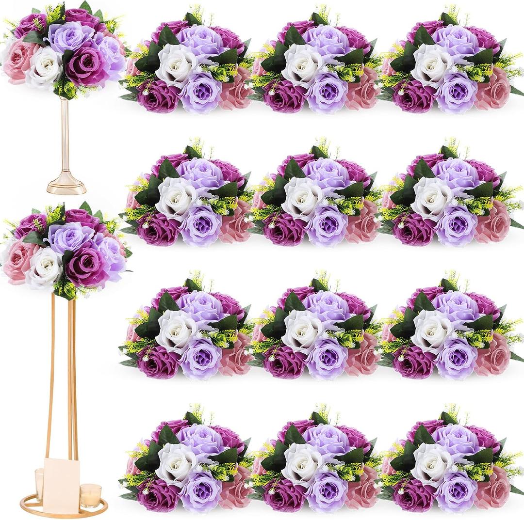 Hotop 12 Pcs Artificial Rose Flower Balls for Centerpieces, Silk Roses Kissing Balls Romantic Faux Floral Arrangements for Engagement Wedding Home Decor (Fantasy Violet)
