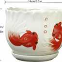 Ceramic Planter with Saucer - 3D Embossed Goldfish Design, Scalloped Edge Decorative Flower Pot for Indoor Outdoor Succulent Cactus, White Porcelain Plant Container with Drainage Hole