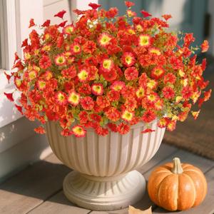 Fake Fall Flowers Artificial for Decoration, 12 Bundles Faux Plants Silk Orange Flowers Morning Glory Petunias Realistic UV Resistant for Outdoors Planter Porch Patio Window Box, Sunset