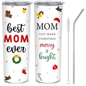 Christmas Birthday Gift for Mom Best Mom Ever Tumbler 20 oz Stainless Steel Insulated Coffee Tumbler with Lid Straw Brush from Daughter Son Husband for Xmas Mama Grandma Women Mothers in Law