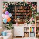10X8FT Bookshelf Flower Photography Backdrop Vintage Bookcase Magic Books Ancient Library Wall Background Flower Girl Kids Birthday Party Decorations Kindergarten Graduation Banner Photo Booth Props