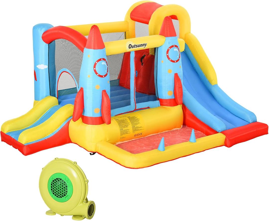 Outsunny Kids Bounce House 4-in-1 Rocket Inflatable Water Slide 2 Slides