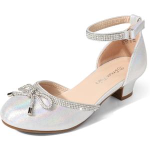 DREAM PAIRS Girls Dress Shoes Closed Toe Low Heels Ankle Strap Pumps for Toddler Little Big Kid Flower Party Wedding Princess (Silver), Size 13