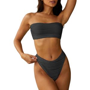 ZAFUL Women Strapless Textured Bandeau Bikini 2 Piece Swimwear Cheeky Solid Lace up Bathing Suits (Small, 1-dark Gray)