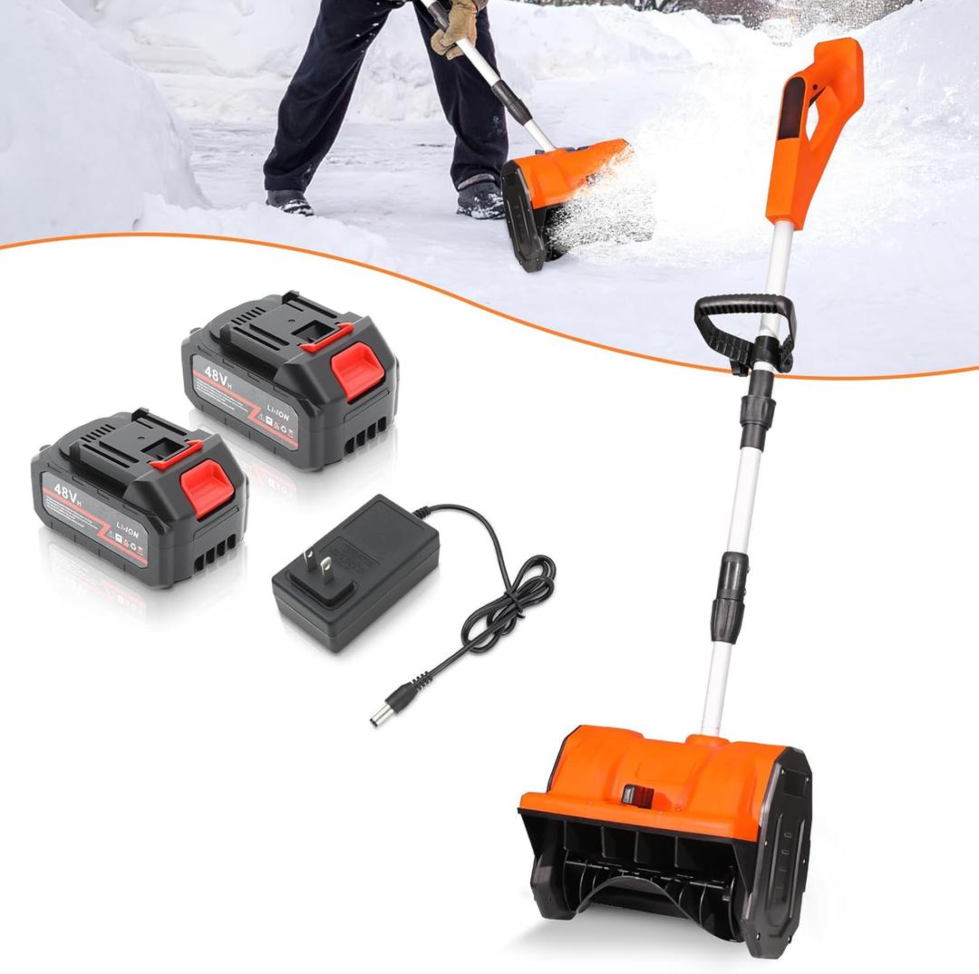 Cordless Snow Shovel 13", 48V 600W, 2×4.0Ah Batteries & Quick Charger, 12" Width 8" Depth, 25FT Throw Electric Snow Blower with Directional Plate & Adjustable Handle for Driveways & Sidewalks(Orange)