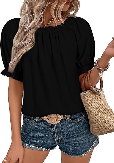 Womens Tops Off The Shoulder Blouses for Women Dressy Casual Cute Puff Sleeve T Shirts Fashion 2025, Black,  XL