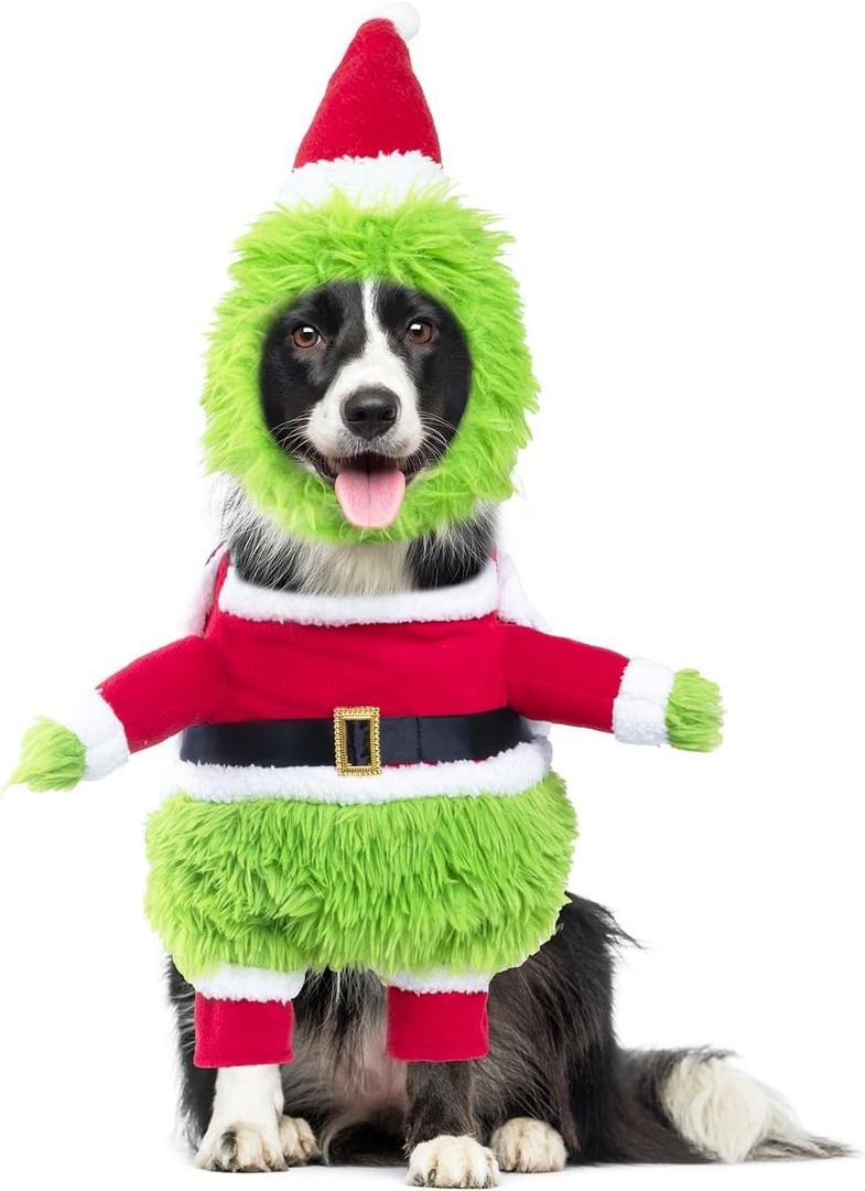 NACOCO Dog Christmas Furry Costume - Xmas Halloween Dog Cosplay Clothes with Cape Hat Monster Funny Cat Uniform Santa Outfits Party Favors Apparel Warm Winter (Green, L) (Large (Pack of 1)