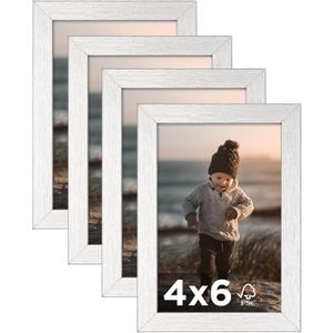 KINLINK 4x6 Picture Frame Silver Set of 4, Wooden Photo Frames with Plexiglass for 4x6 without Mat for Table and Wall Display