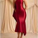 ABYOVRT Women Formal Satin Dress One Shoulder Asymmetrical Scarf Mermaid Hem Midi Dress Cocktail Prom Gown