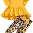Kucnuzki Baby Girl Clothes Toddler Girl Outfit Ruffle Sleeve Shirt Floral Pant Set Fall Winter Clothing for Girl, Size 18-24 Months