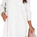 Womens Button Down Shirt Dresses with Pockets Cotton Button Up Tunics Long Sleeve Solid High Low Blouse Tops (Small, White)