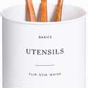 D'Lifeful Kitchen Utensil Holder for Countertop - 7" x 7" Large Utensil Holder for Kitchen Counter - Farmhouse Spatula & Cooking Tools Organizer - White Metal Crock for Modern Aesthetics
