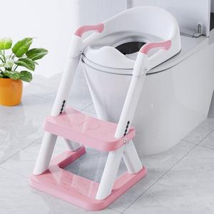 SKYROKU 8868 Potty Training Seat with Step Stool - Adjustable Height, Non-Slip, Splash-Proof, Foldable 2-in-1 Toddler Potty Seat with Armrests and Replaceable Cushion - Fits Most Toilets (Pink)
