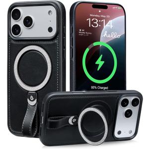 for iPhone 17 Pro Leather Case with Glitter Sparkly Shiny Stand | Fits for MagSafe (Black, iPhone 17 Pro)