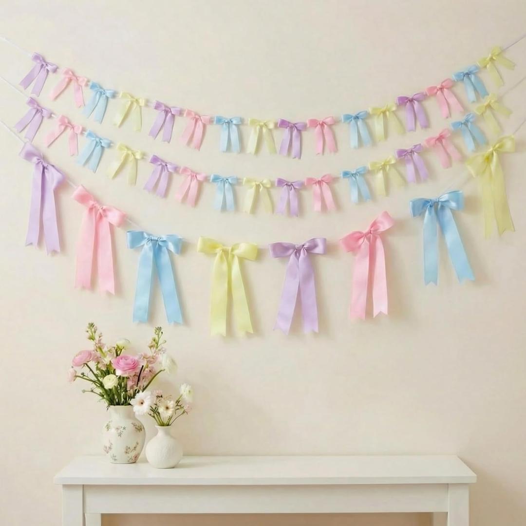 3 Pcs Pastel Bow Garland Banner Pre Strung Satin Ribbon Hanging Party Bow Garland Decoration for Easter Birthday Bachelorette Bridal Showers Engagement Wedding Party Supplies