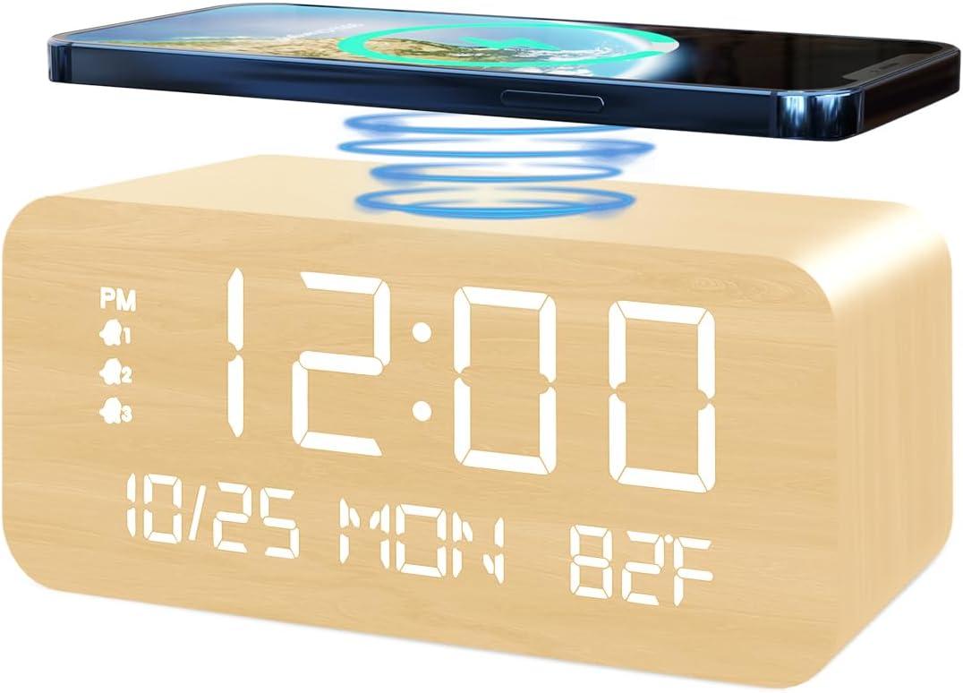 Digital Alarm Clock, with Wooden Electronic LED Time Display, 3 Alarm Settings, Humidity & Temperature Detect, Wood Made Electric Clocks for Bedroom, Bedside (Yellow-Wireless)