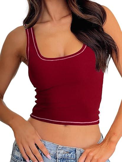 Danysu Women Rib Tank Top Padded Workout Top Square Neck Crop Tank Fitted Basic Cami Tops (X-Small, Red Apple)