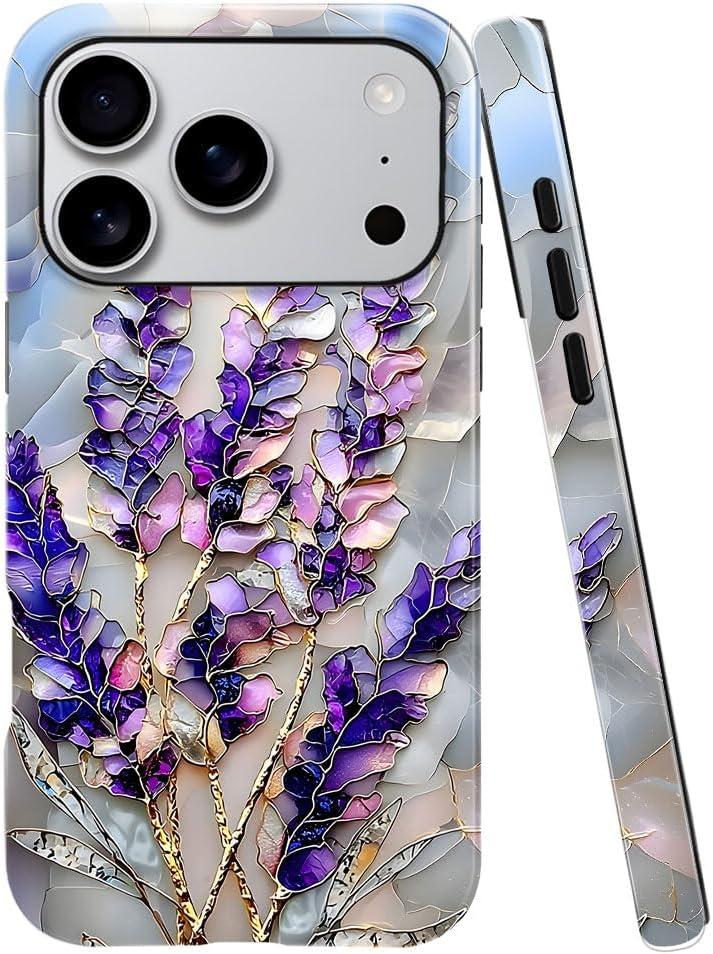 Case Compatible with iPhone 17 Pro,Glossy Hybrid 2-Layer Hard Shell,Shockproof Soft for Girl Women,Lavender Flower Purple Stained Glass