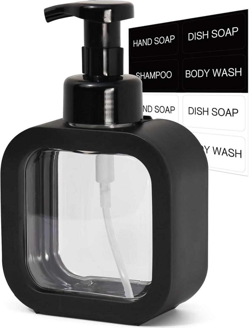 Foaming Soap Dispenser, 300ml (10oz) Plastic Refillable Foaming Hand Soap Dispenser with 8 Pcs Waterproof Labels, Foam Pump Bottle for Bathroom and Kitchen (Black)