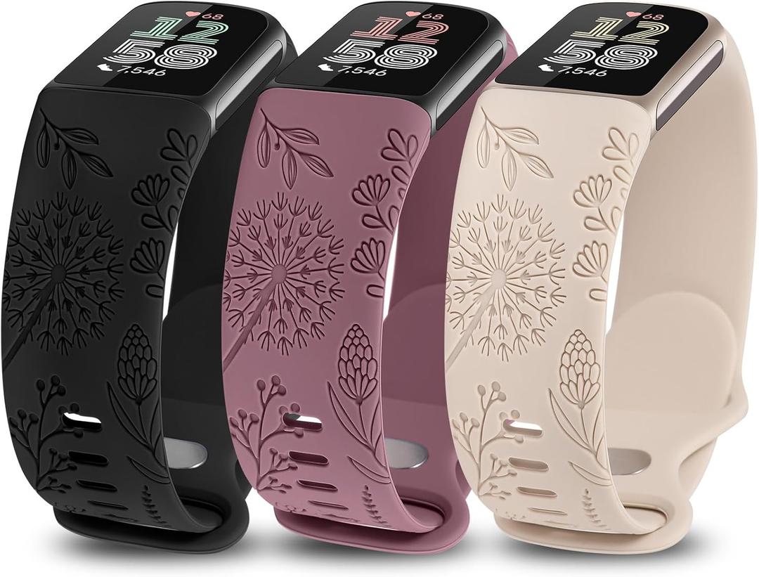 Minyee 3 Packs Floral Engraved Band Compatible with Fitbit Charge 6 Bands/Fitbit Charge 5 Bands Women, Cute Soft Silicone Dandelion Flower Pattern Sport Designer Fancy Summer Strap for Charge 6/5 (Black/ Violet Smoke/ Starlight)