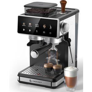 AMZCHEF Espresso Machine with Grinder, 3 Temp 197-205℉ Professional Espresso Machine, 3-10s Pre-Infusion, 20 Grind Settings, Latte Cappuccino Maker Home Barista, Black