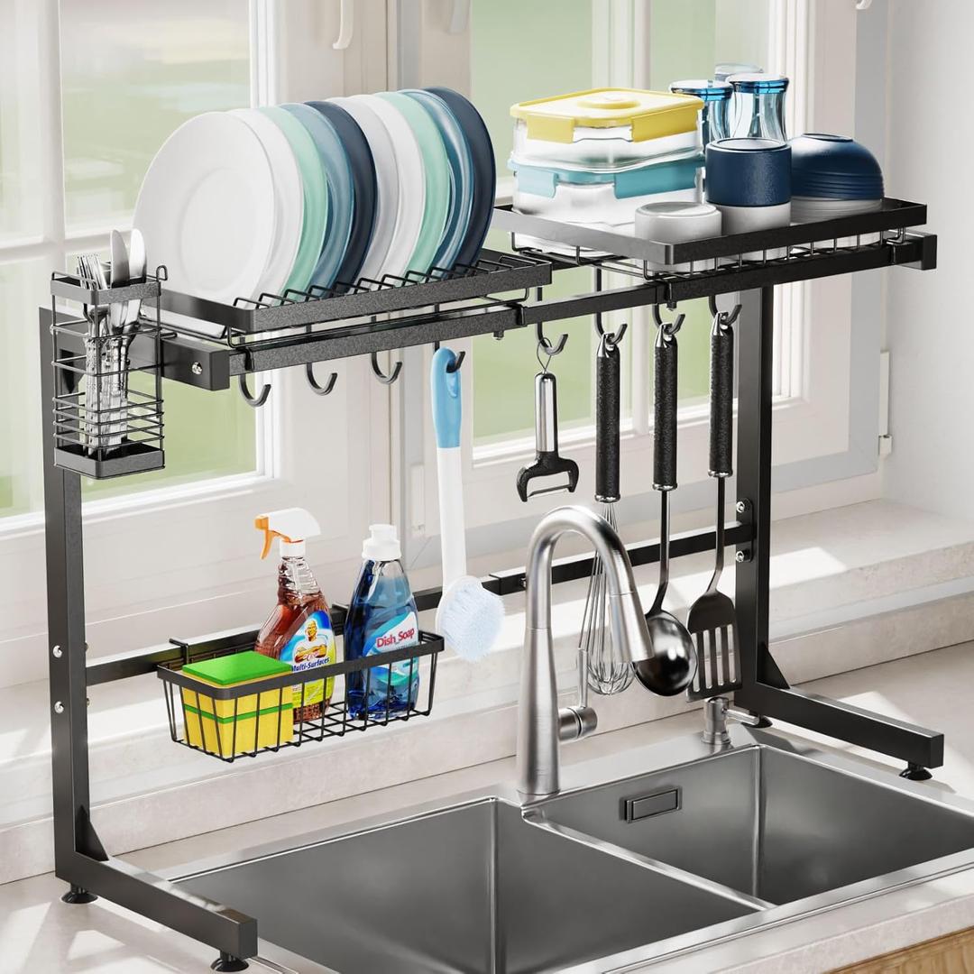 GSlife Over The Sink Dish Drying Rack - Extra Large Dish Rack Over Sink (26.3"-35") with Upper Dual Bars, 3 Baskets, Hooks, Cutlury Holder, Adjustable Dish Drainer Drying Rack for Kitchen Sink, Black