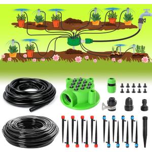 Bonviee 106.5FT Drip Irrigation Kit, Garden Watering System with 12-Port Irrigation Manifold, 1/2 inch Irrigation Tube and 1/4 inch Blank Distribution Tubing, Bed Patio, Lawn