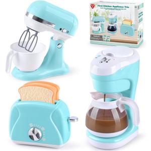 Kitchen Appliances Toys, Kids Play Kitchen Accessories Set, Pretend Kitchen Toys for Kids Ages 4-8, Coffee Maker, Mixer, Toaster with Realistic Lights & Sounds, Gift for Girls Ages 3+ (Blue)