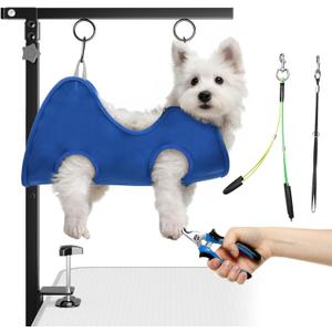 Foldable Dog Grooming Arm with Clamp: Adjustable Height 26"-40", Dog Grooming Table Arm with Hammock and No-Sit Holder, Grooming Restraint for Dogs at Home or Salon