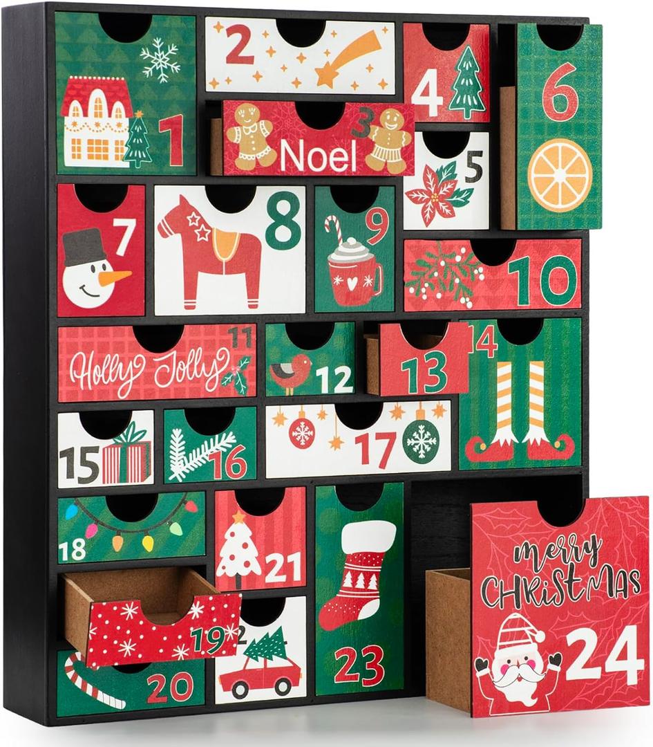 LARAINE Advent Calendar 2025 Christmas 15 Inch Wooden with Drawers, Christmas Holiday illustration Wood Advent Calendar for Kids Adults, Xmas Decorative 24 Empty Boxes to Fill