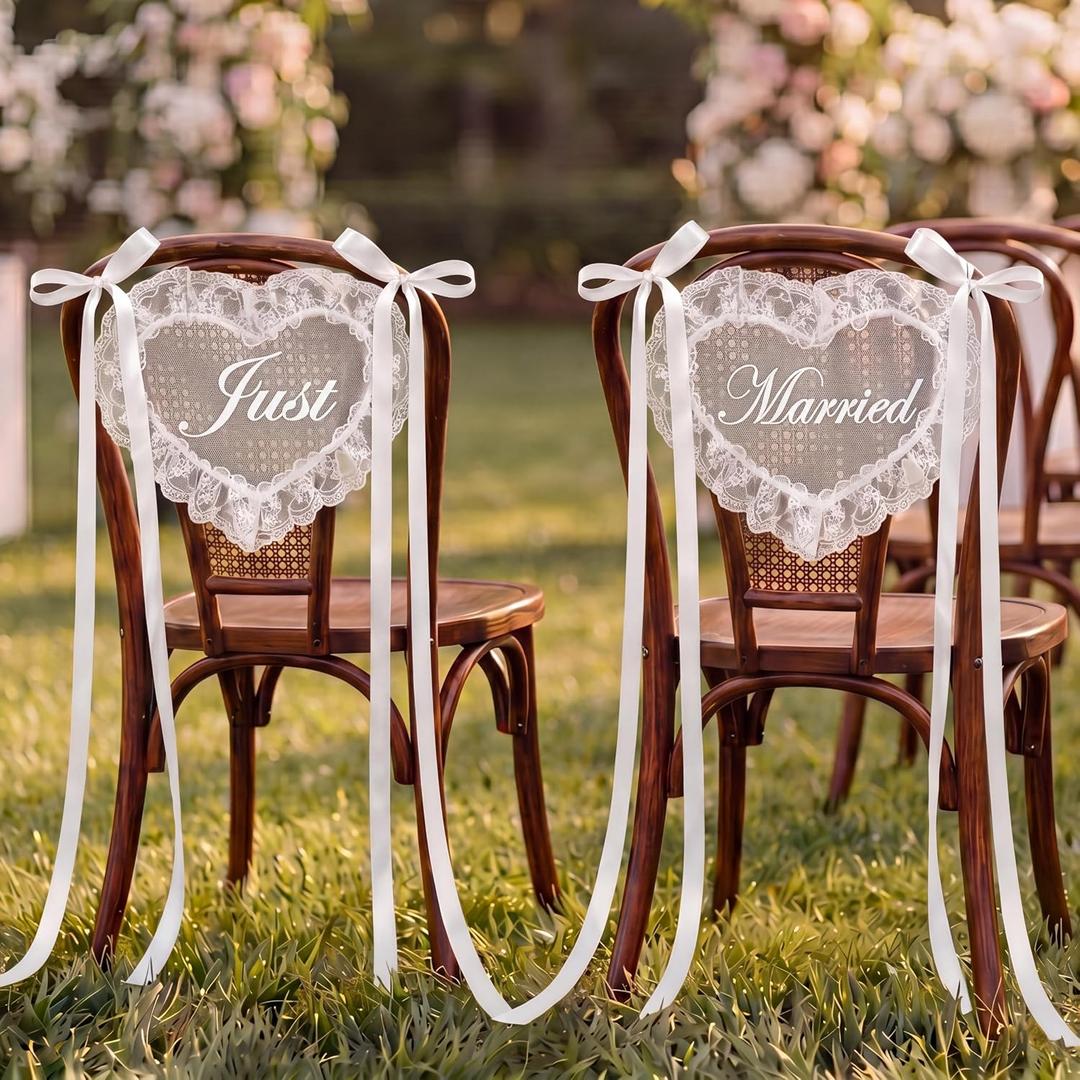 Breling Lace Just Married Wedding Chairs Covers, 2 Set of Just Married Chair Signs with Ribbon Decor, Vintage Elegant Heart Sheer Lace Sweetheart Table Seating Decor for Wedding Reception Ceremony